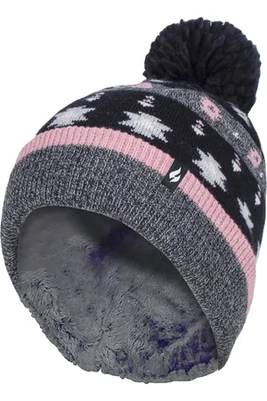 Heat Holders Womens - Ladies Warm Knit Fleece Lined Winter Hat with Pom Pom - Grey / Black - - One Size
