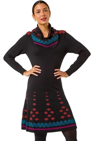 Roman Womens 2 in 1 Nordic Print Scarf Neck Knitted Dress - - Size 16 UK
