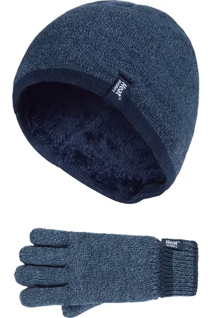 Heat Holders Children Boys Winter Warm Fleece Lined Insulated Knit Turn Over Cuff Ribbed Hat and Gloves Set - DN2P8 - - Size 7-10Y