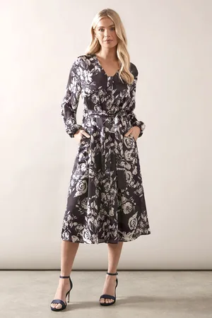 wallis Womens Petite Printed Chiffon Tie Waist Midi Dress - - Size 18 UK