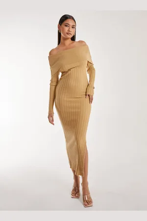 Pink Vanilla Womens Bardot Ribbed Knit Maxi Dress - - Size Small