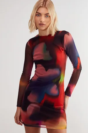 NASTY GAL Womens Blurred Printed Mesh Long Sleeve Backless Tunic Mini Dress - - Size X-Small
