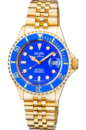 Gevril Mens Wall Street 4854B Swiss Automatic Sellita SW200 Blue Dial Yellow Gold Stainless Steel Luminous Date Watch - - One Size
