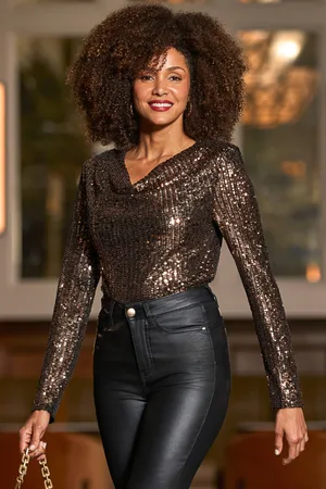 Sosandar Womens Petite Bronze Sequin Cowl Neck Top - Metallic - Size 12 UK