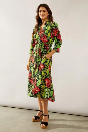 wallis Womens Floral Print Viscose Belted Midi Shirt Dress - - Size 10 UK