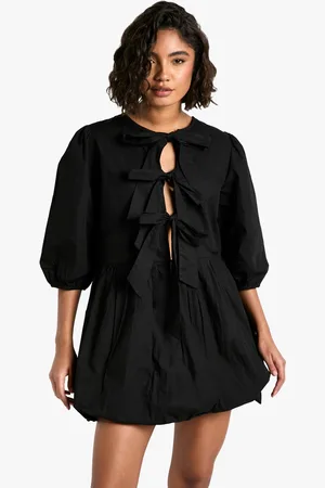 Boohoo Womens Tie Front Volume Sleeve Skater Dress - Cotton - Size 10 UK
