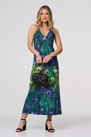 Izabel London Womens Peacock Print Halter neck Maxi Dress - Size 12 UK