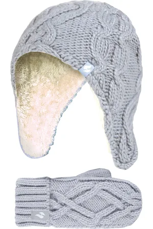 Heat Holders Girls Majestic Soft Cosy Cable Knitted Design Bobble Trapper Hat and Mittens Gloves Set - Frost - Size 4-6Y