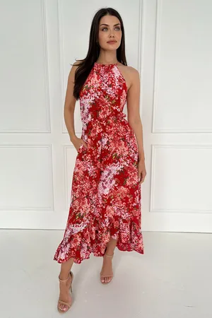 Ax Paris Womens Floral Printed Frill Hem High Neck Midi Dress - Size 14 UK