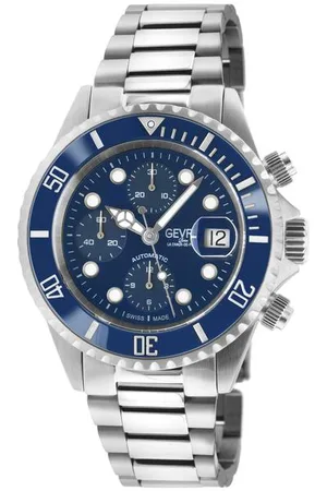Gevril Mens Wall Street 4150A Swiss Automatic Chronograph ETA Valjoux 7750 Blue Dial Stainless Steel Watch - Stainless Steel (archived) - One Size
