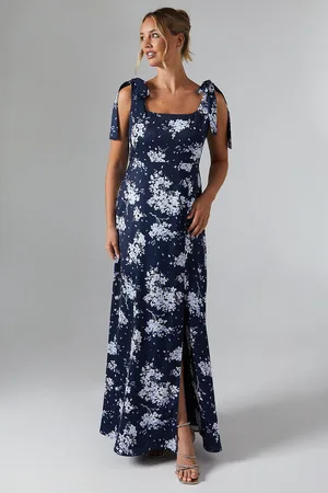 Oasis Womens Midnight Bloom Printed Satin Tie Shoulder Maxi Bridesmaids Dress - - Size 6 UK