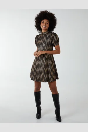 Blue Vanilla Womens Foil Zig Zag Puff Sleeve Swing Dress - - Size 8 UK