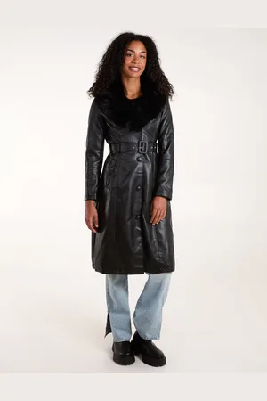 Blue Vanilla Womens Faux Fur PU Longline Coat - - Size 12 UK