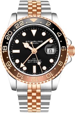 Stuhrling Mens Black and Rose Gold Meridian GMT Quartz 42mm - - One Size