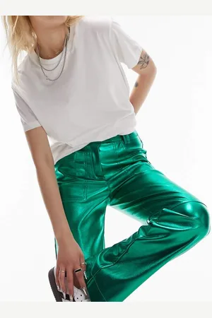 Topshop Womens leather low rise tab waist straight leg metallic trouser in - Size 4 UK