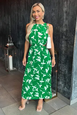 Ax Paris Womens And White Floral Printed Cut Out Midi Dress - Size 16 UK