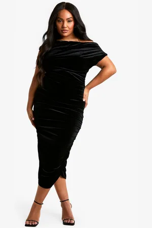 Boohoo Womens Plus Velvet Asymmetric Ruched Midi Dress - - Size 26 UK