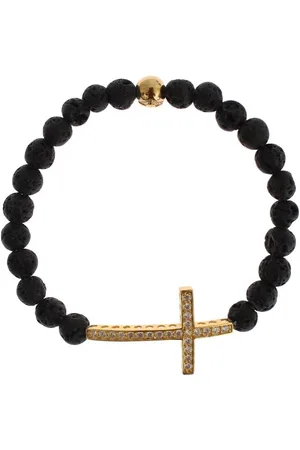 Nialaya WoMens Lava Stone Gold Clear CZ Cross 925 Silver Bracelet - material_Sterling_Silver - Size Small
