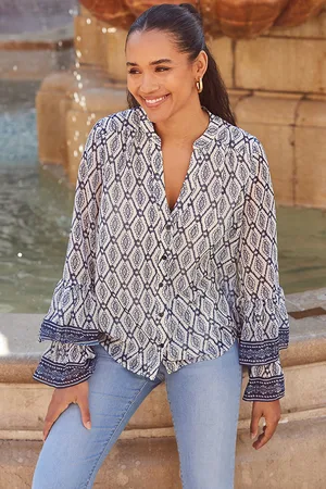 Sosandar Womens Navy Geometric Print Fluted Cuff Contrast Trim Blouse - Size 10 UK