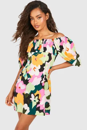 Boohoo Womens Bright Floral Puff Sleeve Smock Dress - - Size 16 UK