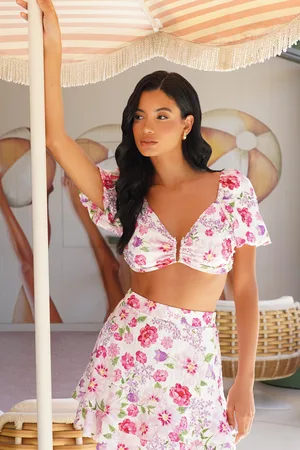 Quiz Womens Pink Floral Puff Sleeve Crop Top - Cotton - Size 10 UK