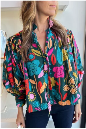 Azura Exchange Womens Floral Knot Split Neck Puff Sleeve Blouse Cotton - Size Large