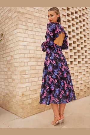 Chi Chi London Womens Long Sleeve V Neck Floral Print Midi Dress in - Size 10 UK