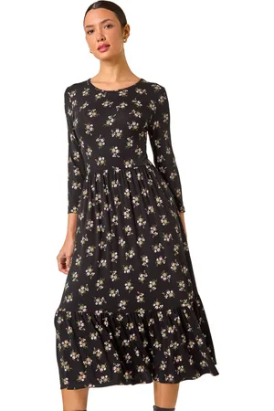 Roman Womens Floral Print Frill Hem Stretch Midi Dress - - Size 12 UK