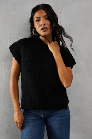 MissPap Womens Knitted Cap Sleeve Dipped Hem Jumper - - Size Small/Medium