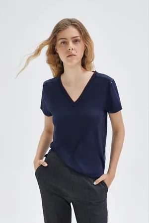IKKS Womens Striped Ribbed V-Neck T-Shirt - - Size 14 UK