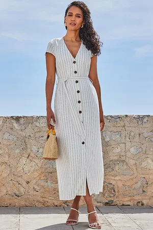 Sosandar Womens Ivory Linen Blend Pinstripe Belted Midi Dress - - Size 6 UK