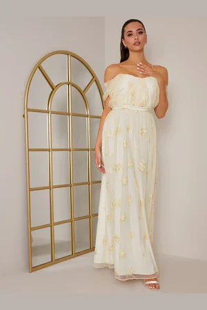 Chi Chi London Womens Bardot Embroidered Floral Dobby Lace Maxi Dress in - Size 8 UK