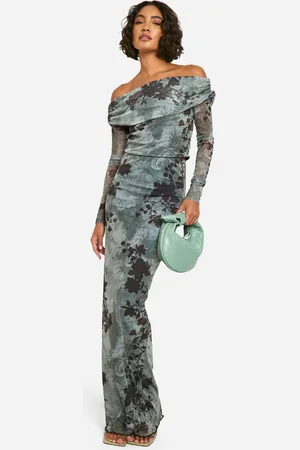 Boohoo Womens Tall Washed Floral Mesh Bardot and Maxi Skirt Co-ord - - Size 8 UK