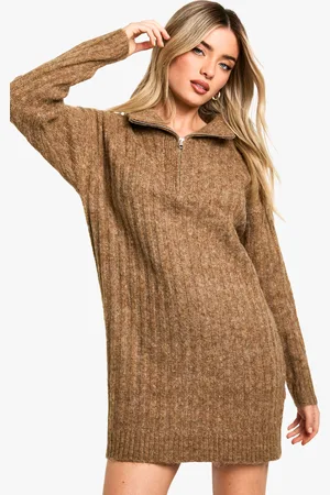 Boohoo Womens Soft Knit Thick Rib Zip Neck Oversized Jumper Dress - - Size Small
