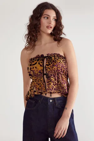 NASTY GAL Womens Leopard Devore Contrast Tie Bandeau Ruched Top - - Size 6 UK