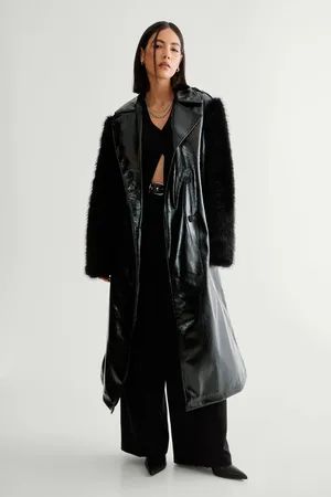 NASTY GAL Womens Premium Vinyl Fur Trim Coat - - Size 10 UK