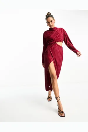 ASOS Womens plisse cut out dress with wide sleeve and side twist maxi in wine-Green - - Size 6 UK