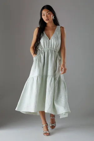 warehouse Womens Petite Jacquard Plunge Tie Pocket Midi Dress - - Size 12 UK