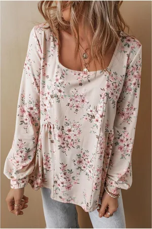 Azura Exchange Womens Floral Print Pleated U Neck Loose Fit Blouse - Size Medium