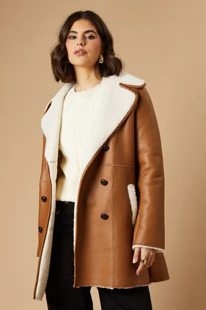 Oasis Womens Double Breasted Shearling Coat - - Size 10 UK