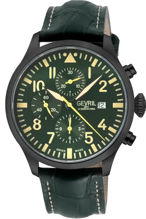 Gevril Mens Vaughn Chronograph Olive Leather Swiss Automatic ETA 7750 Watch - - One Size