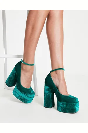 ASOS Womens Pistol double platform heeled shoes in teal velvet-Blue - - Size UK 2