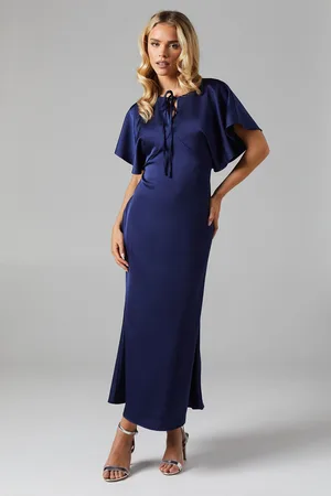 Oasis Womens Petite Cape Sleeve Satin Bridesmaids Midi Dress - - Size 12 UK