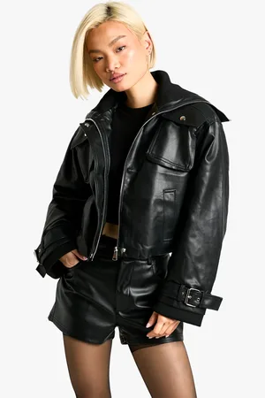 Boohoo Womens Rib Detail Faux Leather Bomber Jacket - - Size 8 UK