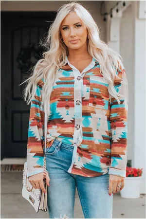 Azura Exchange Womens Multicolor Aztec Print Buttoned Pocket Chest Long Sleeve Shirt - - Size Medium