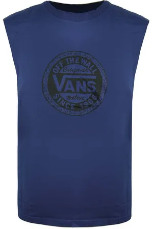 Vans Off The Wall Crew Neck Sleeveless Blue Mens Vest V1YEFWC Cotton - Size Small