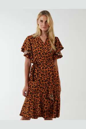 Blue Vanilla Womens Leopard Print Wrap Ruffle Midi Dress - - Size 10 UK