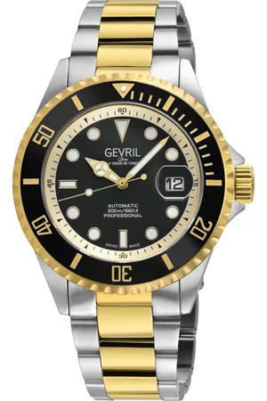 Gevril Mens Wall Street Swiss Automatic Sellita SW200 Black Enamel Dial, SS/IPYG Satin and Polished Bracelet Watch - - One Size