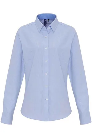 Premier Womens/Ladies Striped Oxford Long-Sleeved Formal Shirt (White/Oxford Blue) - Size Medium