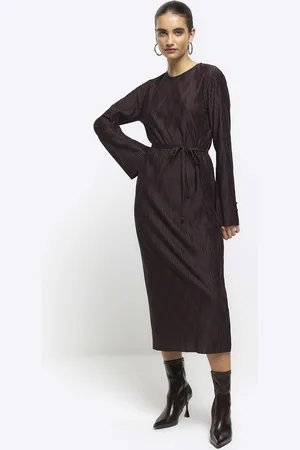 River Island Womens Bodycon Midi Dress Plisse Tie Waist - Size 6 UK